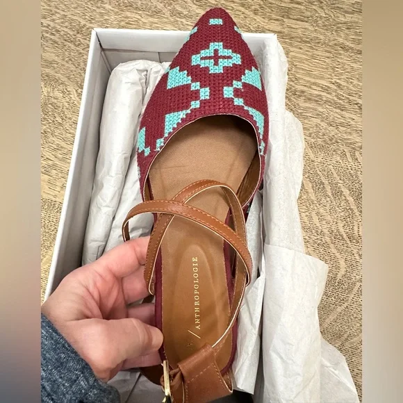 Anthropologie NWB Burgundy Turquoise Geometric Aztec Strappy Flats size 6 - Picture 6 of 11